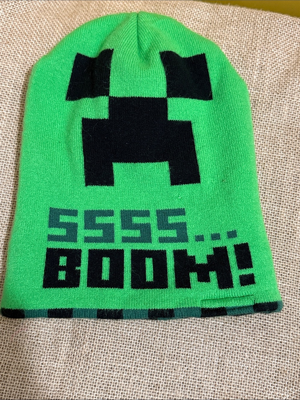 Minecraft Kids Green Creeper Knit Beanie with Checkered Cuff
